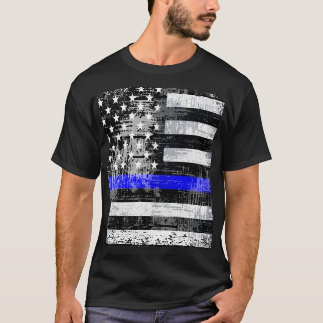 Camiseta Grunge Blue Line Flag T-Shirt (Frente)