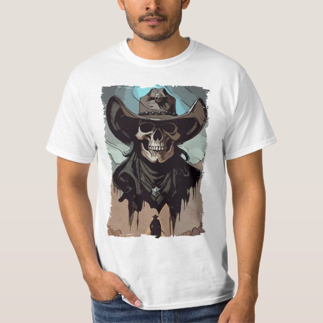 Camiseta Grunge Wild West Cowboy Skull Sheriff Ilustração (Frente)