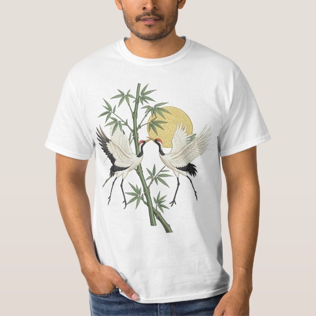 Camiseta Guarda Presente do Nascer do Sol com Bambu e Grou  (Frente)