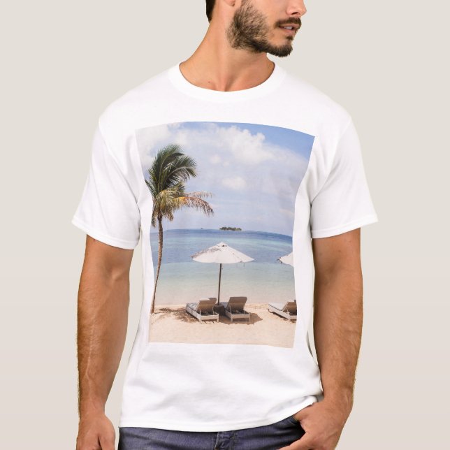 Camiseta Guardas-chuvas tropicais de praia: branco, palma. (Frente)