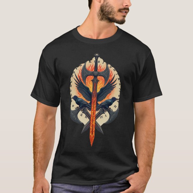Camiseta Guardião do Corvo Ardente: Emblema de Espada Vikin (Frente)