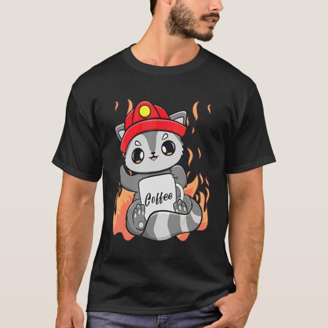 Camiseta Guaxinim Bebe Café Com Cafeína Para Bombeiro (Frente)