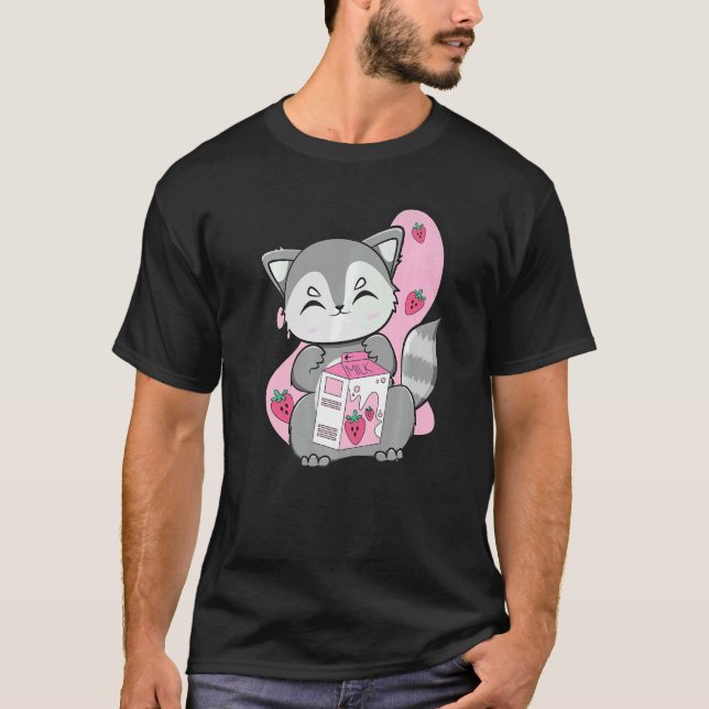 Camiseta Guaxinim Bebe Chá Bubble e Boba Com Morango (Frente)
