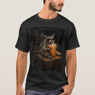 Camiseta Guaxinim Bebendo Café Gelado Engraçado