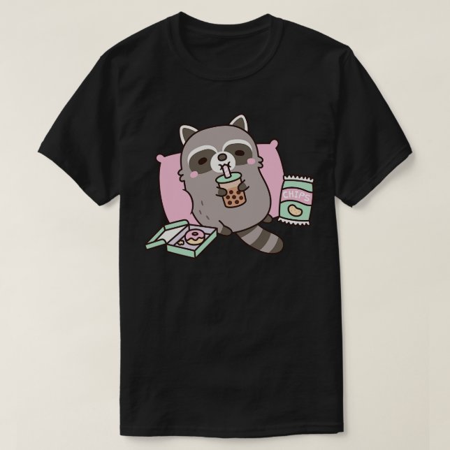 Camiseta Guaxinim Bonito g com Boba Tea e Snacks (Frente do Design)