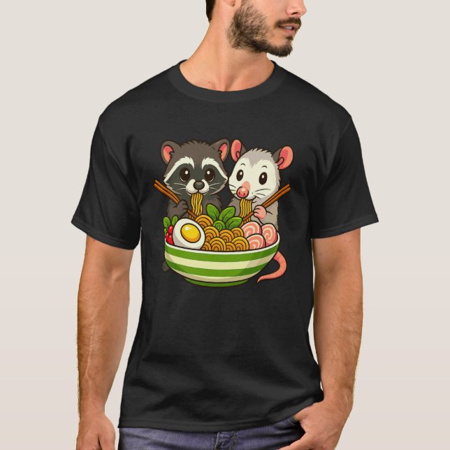Camiseta Guaxinim e Gambá Comendo Macarrão Ramen (Frente)