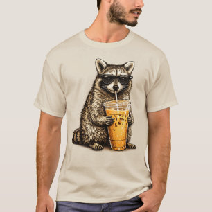 Camiseta Guaxinim Engraçado Bebendo Café Gelado — Animal Re
