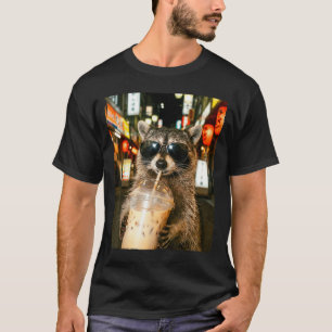Camiseta Guaxinim engraçado bebendo café gelado homens mulh