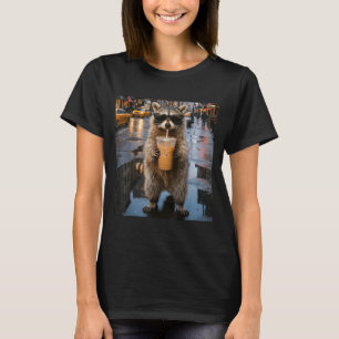 Camiseta Guaxinim engraçado bebendo café gelado meme animal