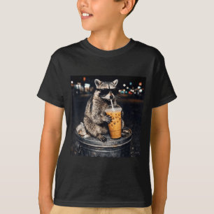 Camiseta Guaxinim engraçado bebendo café gelado meme animal