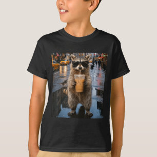 Camiseta Guaxinim engraçado bebendo café gelado meme animal