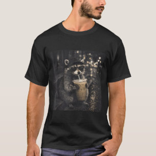 Camiseta Guaxinim engraçado bebendo café gelado meme animal