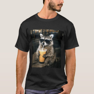 Camiseta Guaxinim engraçado bebendo café gelado meme animal