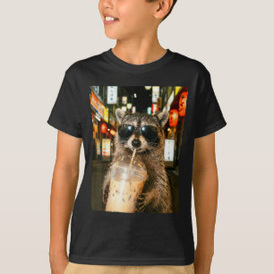 Camiseta Guaxinim engraçado bebendo café gelado meme homens