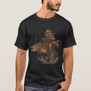 Camiseta Guaxinim Engraçado Montando Truta Arco-Íris Meme d