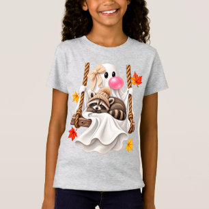 Camiseta Guaxinim Fantasma Fofo Outono Balanço Folhas de Bo