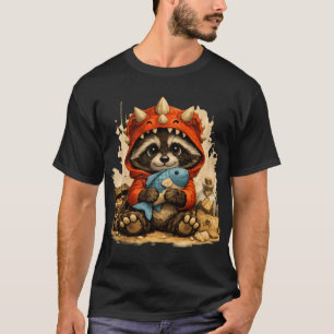 Camiseta Guaxinim Fofo de Fantasia de Dinossauro com Peixe