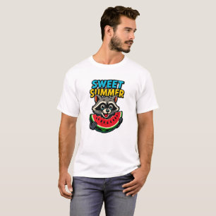 Camiseta Guaxinim Fofo de Verão Segurando Melancia