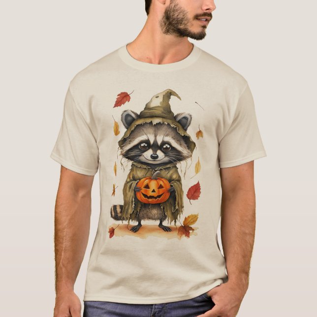 Camiseta Guaxinim Selvagem de outono com Pumpkins Halloween (Frente)