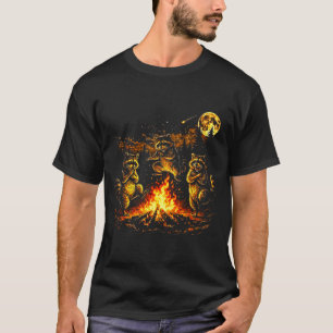 Camiseta Guaxinins dançando fogueira floresta lua engraçado