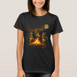Camiseta Guaxinins dançantes fogueira floresta lua engraçad