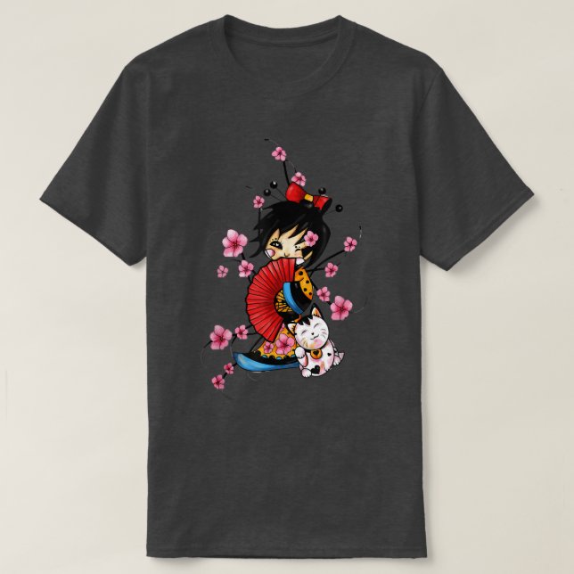 Camiseta gueixa japonesa com sakura de Luckt maneki neko (Frente do Design)
