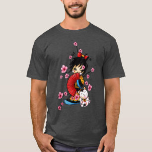 Camiseta gueixa japonesa com sakura de Luckt maneki neko