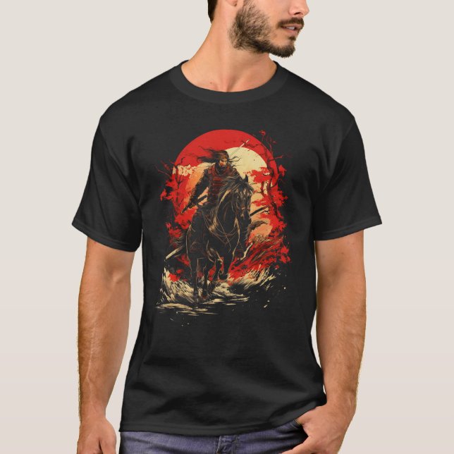 Camiseta Guerreiro de Cavalgada de Samurai Japão Arte Gráfi (Frente)