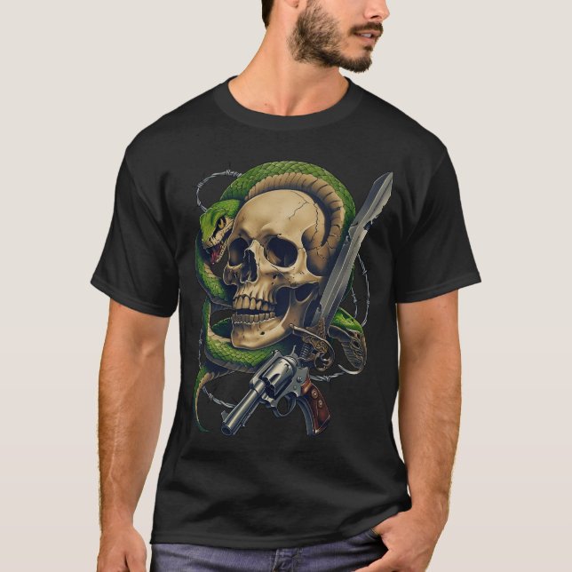 Camiseta Guerreiro do crânio e Cobra - Gunslinger Gótico Es (Frente)