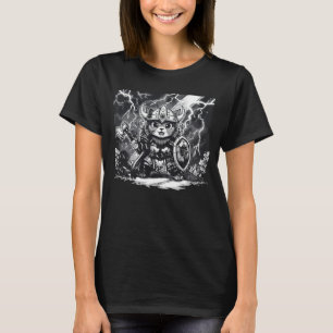 Camiseta Guerreiro Épico de Gato Viking com Machado e Escud