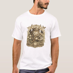 Camiseta Guerreiro Felino Viking Floral - Nórdico Fofo