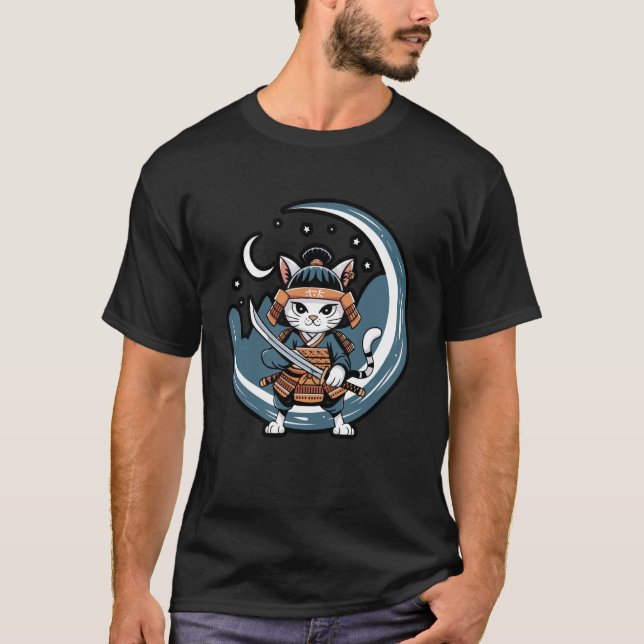 Camiseta Guerreiro Gato Samurai Arte da Lua Cheia (Frente)