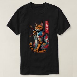 Camiseta Guerreiro Gato Samurai – Estilo Épico de Tatuagem 