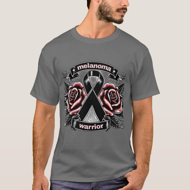 Camiseta Guerreiro Melanoma - Rosa de tatuagem e Fita AwaT- (Frente)