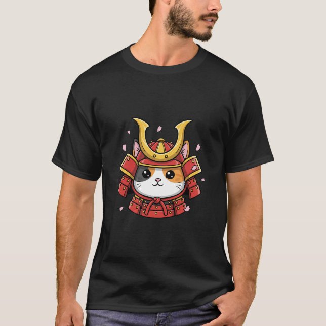 Camiseta Guerreiro Samurai com Rosto de Gato Estilo Japonês (Frente)