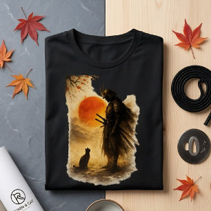 Camiseta Guerreiro Samurai Japonês & Arte de Gato Preto
