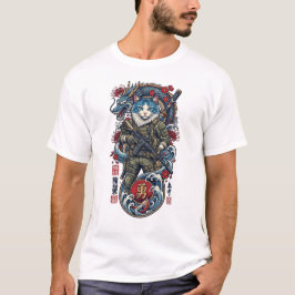 Camiseta Guerreiro Tático Samurai Gato com Dragão e Katana