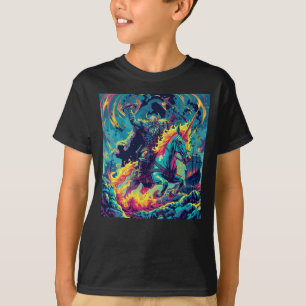 Camiseta Guerreiro Viking Neon Montando Unicórnio Flamejant