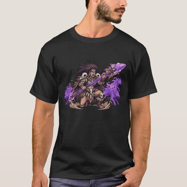 Camiseta Guerreiro Xamã de Pixel Art com Lobos Espirituais  (Frente)
