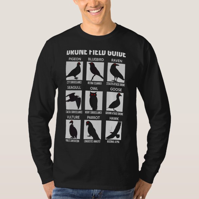 Camiseta Guia de Campo de Drones de Pássaros Eles Não Fazem (Frente)