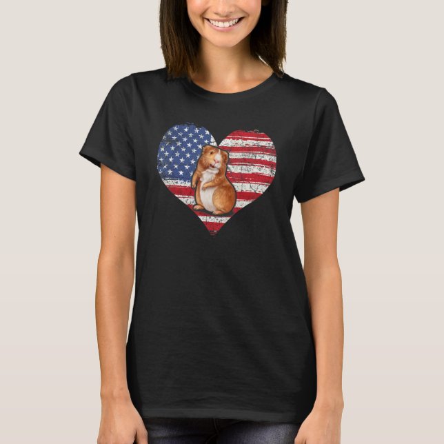 Camiseta Guiné Pig Heart American Flag 4 De Julho Usa Fla (Frente)