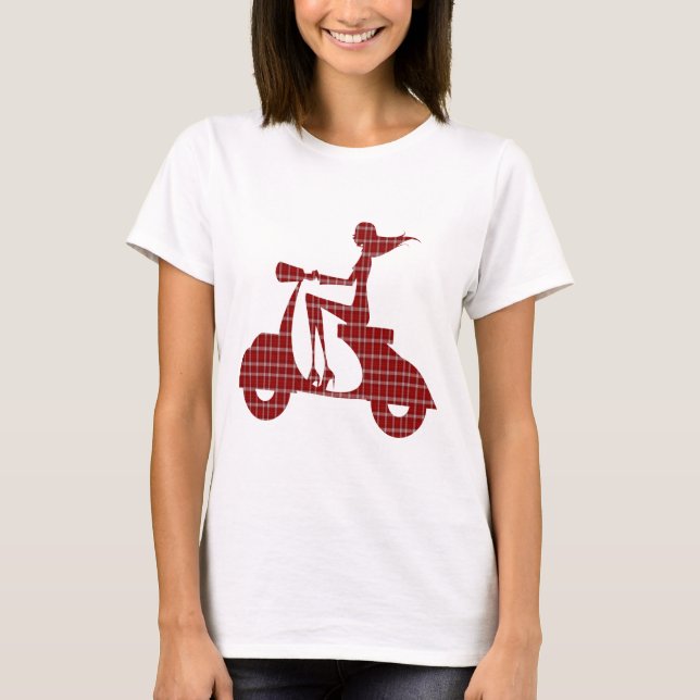 Camiseta guingão branco vermelho do patinete da menina (Frente)