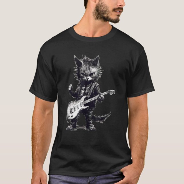 Camiseta Guitar Cat Rock Tocando gatinho de Violão (Frente)