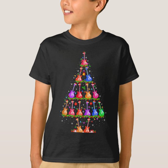 Camiseta Guitar Christmas Tree Lights Funny Xmas Pajamas Gu (Frente)