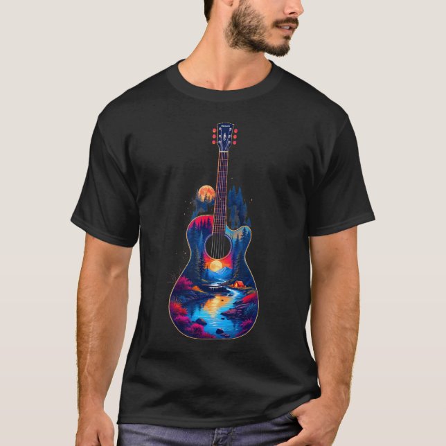 Camiseta Guitar Lake Reflections Forest Pine Tree Moon Camp (Frente)