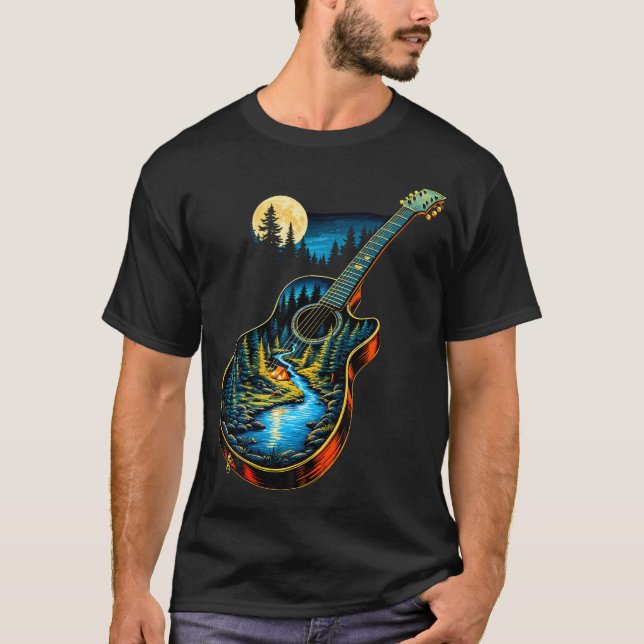 Camiseta Guitar Lake Reflections Forest Pine Tree Moon Camp (Frente)