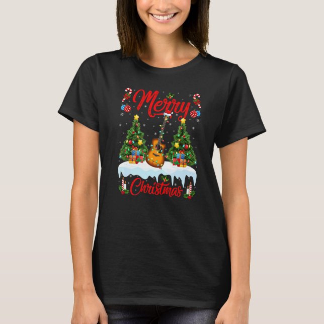 Camiseta Guitar Music  Lights Xmas Tree Santa Guitar Christ (Frente)