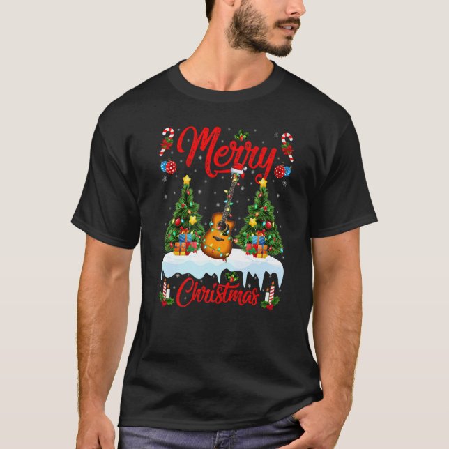 Camiseta Guitar Music  Lights Xmas Tree Santa Guitar Christ (Frente)