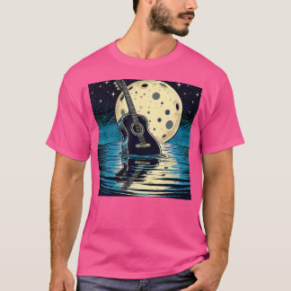 Camiseta Guitar Nature Moon Estilo Retro Guitarrista Acústi
