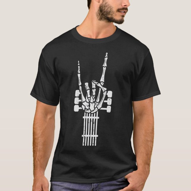 Camiseta Guitar Skeleton Rock n Roll Rocker Sinal Punk Hall (Frente)
